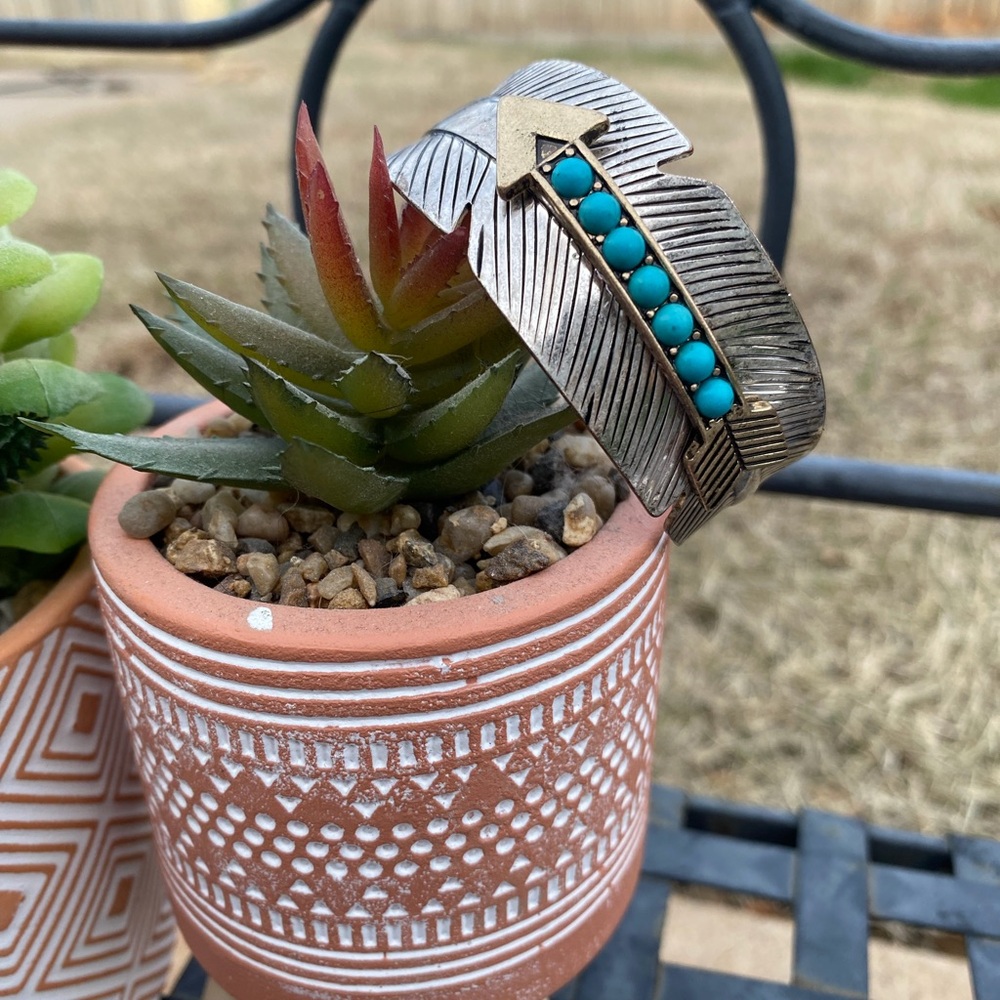 Silver and Turquoise Feather Arrow Bracelet - Costume Jewelry